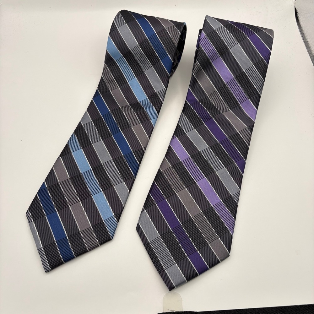 Van Heusen Mens Plaid Neckties Bundle 2 Pack Blue Purple Grey Geometric 57 Inch